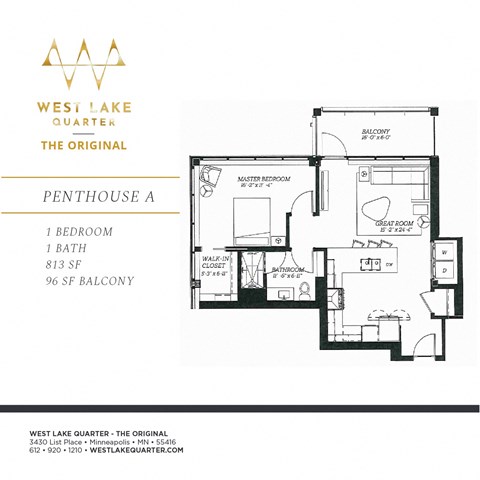 Floor plan for 1 bed, 1 bath, 813 sqft